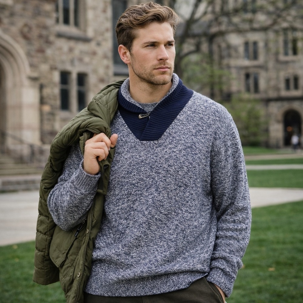 Slate & Stone Sweater Mens XL Blue Marled‎ Wool Cashmere Shawl Collar Heritage